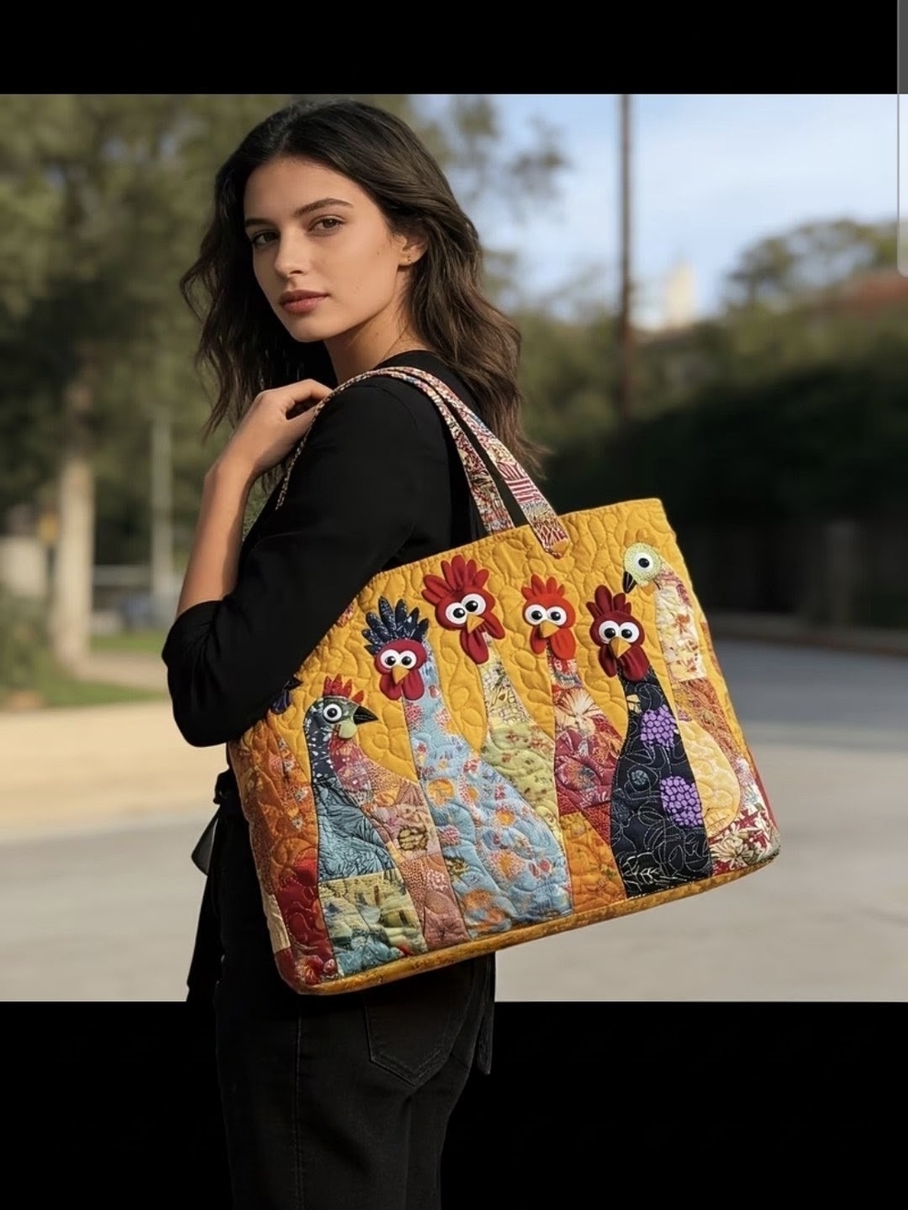Quilted Yellow Rooster Patchwork Tote Bag